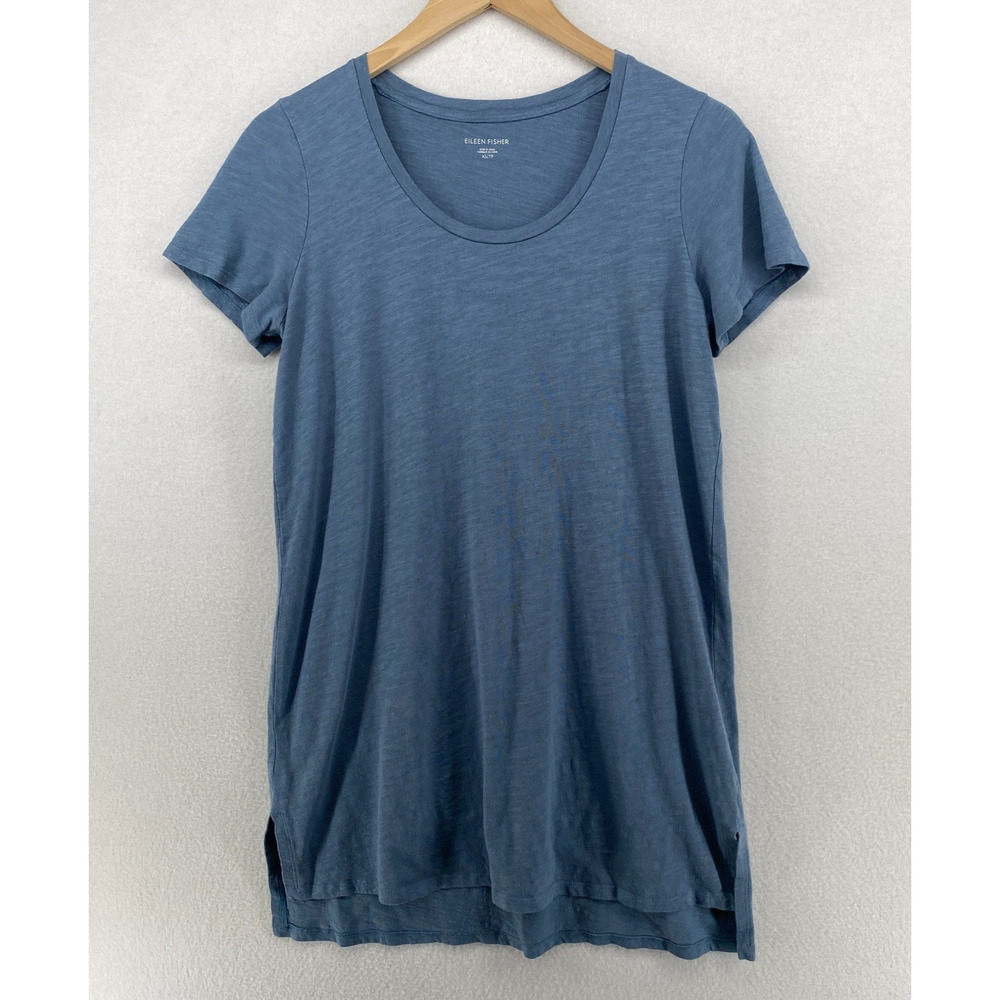 EILEEN FISHER Tunic XS Slub Organic Cotton Jersey Scoop Neck Short Sleeve Blue